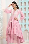 Shop_Samyukta Singhania_Pink Cotton Lace Tie-up Snow Flake Pattern Asymmetric Anarkali With Pant _Online_at_Aza_Fashions