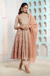 Buy_Samyukta Singhania_Coral Cotton Geometric High Neck Pattern Overlapping Anarkali Pant Set _at_Aza_Fashions