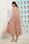 Shop_Samyukta Singhania_Coral Cotton Geometric High Neck Pattern Overlapping Anarkali Pant Set _at_Aza_Fashions