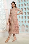 Buy_Samyukta Singhania_Coral Cotton Geometric High Neck Pattern Overlapping Anarkali Pant Set _Online