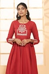 Adara Khan_Red Cotton Embroidered Placement Round Asymmetric Anarkali Pant Set_at_Aza_Fashions