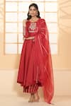 Adara Khan_Red Cotton Embroidered Placement Round Asymmetric Anarkali Pant Set_Online