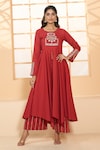 Shop_Adara Khan_Red Cotton Embroidered Placement Round Asymmetric Anarkali Pant Set_Online