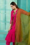 Samyukta Singhania_Pink Cotton Floral Tie-up Solid Gathered Kurta Pant Set _at_Aza_Fashions