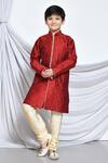 Buy_Samyukta Singhania_Red Silk, Cotton Embroidery Gardenia Kurta With Churidar _at_Aza_Fashions