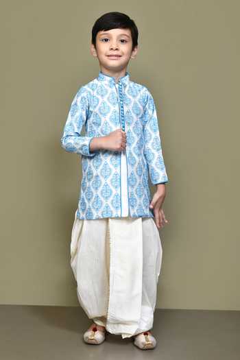 Buy_Petite Pomme_Blue Silk, Polyester Embroidery Art Nouveau Kurta With Dhoti Pant _at_Aza_Fashions