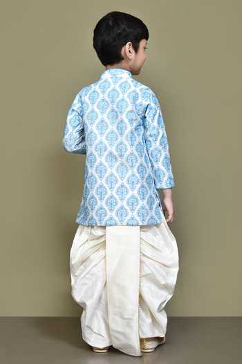 Shop_Petite Pomme_Blue Silk, Polyester Embroidery Art Nouveau Kurta With Dhoti Pant _at_Aza_Fashions