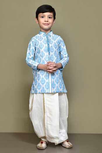 Petite Pomme_Blue Silk, Polyester Embroidery Art Nouveau Kurta With Dhoti Pant _Online_at_Aza_Fashions