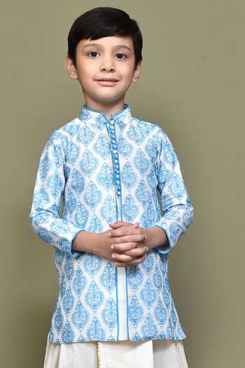 Buy_Petite Pomme_Blue Silk, Polyester Embroidery Art Nouveau Kurta With Dhoti Pant _Online_at_Aza_Fashions