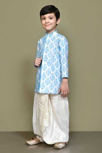 Shop_Petite Pomme_Blue Silk, Polyester Embroidery Art Nouveau Kurta With Dhoti Pant _Online_at_Aza_Fashions