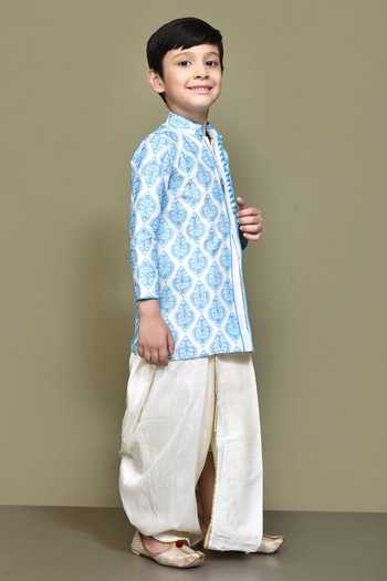 Petite Pomme_Blue Silk, Polyester Embroidery Art Nouveau Kurta With Dhoti Pant _at_Aza_Fashions