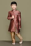 Shop_Petite Pomme_Maroon Jacquard, Chanderi Embroidery Long Sleeve Sherwani And Churidar Set _Online_at_Aza_Fashions