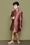 Petite Pomme_Maroon Jacquard, Chanderi Embroidery Long Sleeve Sherwani And Churidar Set _at_Aza_Fashions