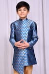 Shop_Samyukta Singhania_Blue Jacquard, Chanderi Asymmetric Woven Sherwani And Churidar Set _Online_at_Aza_Fashions