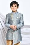 Petite Pomme_Grey Jacquard, Silk Embroidery Miniature Floral Pattern Sherwani With Churidar _Online_at_Aza_Fashions
