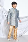 Petite Pomme_Grey Jacquard, Silk Embroidery Miniature Floral Pattern Sherwani With Churidar _at_Aza_Fashions