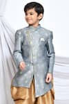 Buy Petite Pomme Grey Jacquard, Silk Embroidery Miniature Floral Pattern Sherwani With Dhoti Pant Online at Aza Fashions Buy_Petite Pomme_Grey Jacquard, Silk Embroidery Miniature Floral Pattern Sherwani With Dhoti Pant _Online_at_Aza_Fashions