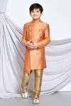 Buy_Petite Pomme_Orange Jacquard Embroidery Flower Vine Pattern Sherwani _at_Aza_Fashions