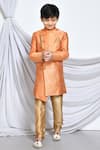 Petite Pomme_Orange Jacquard Embroidery Flower Vine Pattern Sherwani _Online_at_Aza_Fashions