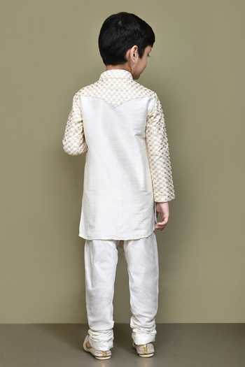 Shop_Petite Pomme_Cream Silk, Cotton Geometric Pattern Kurta With Churidar _at_Aza_Fashions