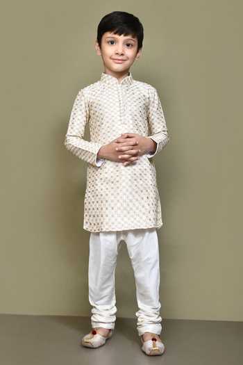 Buy_Petite Pomme_Cream Silk, Cotton Geometric Pattern Kurta With Churidar _Online_at_Aza_Fashions
