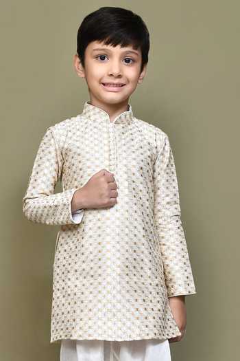 Shop_Petite Pomme_Cream Silk, Cotton Geometric Pattern Kurta With Churidar _Online_at_Aza_Fashions
