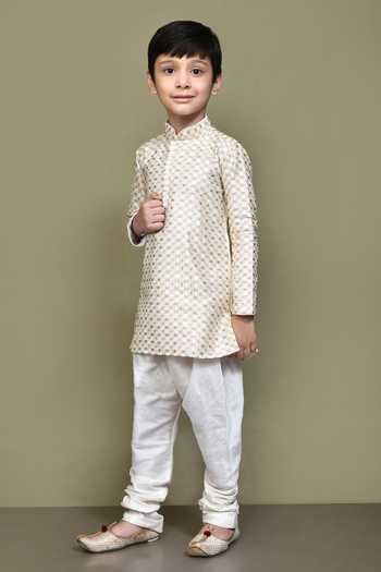 Petite Pomme_Cream Silk, Cotton Geometric Pattern Kurta With Churidar _at_Aza_Fashions