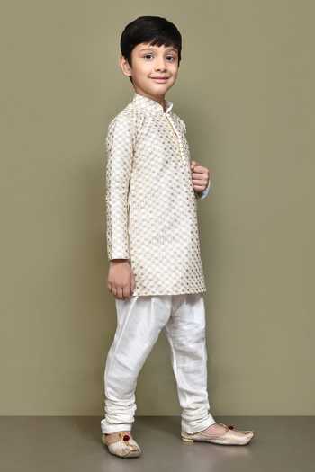 Buy_Petite Pomme_Cream Silk, Cotton Geometric Pattern Kurta With Churidar 