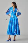 Buy_Saaksha & Kinni_Blue Cambric Printed Ikat Collared V Annie Midi Dress _at_Aza_Fashions