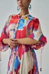 Saaksha & Kinni_Pink Organza Sleeves Print Ikat Mandarin Collar Sonam Abstract Dress_Online_at_Aza_Fashions