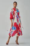 Buy_Saaksha & Kinni_Pink Organza Sleeves Print Ikat Mandarin Collar Sonam Abstract Dress_Online_at_Aza_Fashions