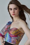 Saaksha & Kinni_Multi Color Chiffon Print Abstract Block Asymmetric Rosie One Shoulder Blouse _Online_at_Aza_Fashions