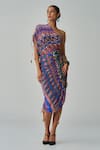 Buy_Saaksha & Kinni_Blue Cotton Silk Print Ikat Asymmetric Neck Mira Abstract Dress _at_Aza_Fashions