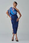 Buy_Saaksha & Kinni_Blue Cotton Silk Printed Ikat One Shoulder Mira Dress _at_Aza_Fashions