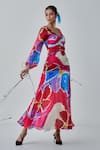 Buy_Saaksha & Kinni_Pink Chiffon Printed Ikat V Neck Ariel Maxi Dress _at_Aza_Fashions