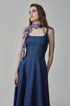 Saaksha & Kinni_Blue Denim Thread Square Neck Emily Flared Midi Dress _Online_at_Aza_Fashions