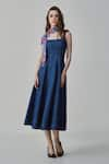 Buy_Saaksha & Kinni_Blue Denim Thread Square Neck Emily Flared Midi Dress _at_Aza_Fashions