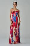 Buy_Saaksha & Kinni_Pink Chiffon Printed Ikat Sweetheart Kiara Maxi Dress _at_Aza_Fashions