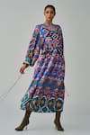 Buy_Saaksha & Kinni_Blue Habutai Printed Ikat Round Sara Midi Dress _at_Aza_Fashions