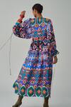 Shop_Saaksha & Kinni_Blue Habutai Printed Ikat Round Sara Midi Dress _at_Aza_Fashions