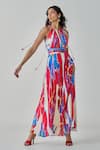 Buy_Saaksha & Kinni_Pink Chiffon Printed Ikat Halter Jewel Maxi Dress _Online_at_Aza_Fashions