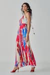 Shop_Saaksha & Kinni_Pink Chiffon Printed Ikat Halter Jewel Maxi Dress _Online_at_Aza_Fashions