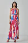 Buy_Saaksha & Kinni_Pink Chiffon Printed Ikat Halter Jewel Maxi Dress _at_Aza_Fashions