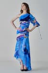 Buy_Saaksha & Kinni_Blue Satin Printed Ikat One Shoulder Alison Asymmetric Dress _at_Aza_Fashions