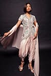 Shop_Sejal Kamdar_Pink Mashru Silk Embroidered Bead Ajrakh Floral Jacket Dhoti Pant Set _at_Aza_Fashions