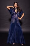 Buy_Sejal Kamdar_Blue Mashru Silk Embellished Ajrakh Jacket Notched Lapel And Flared Pant Set _Online_at_Aza_Fashions