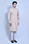 Shop_Aryavir Malhotra_Beige Lycra Embroidered Collar Plain Sherwani With Pant_Online_at_Aza_Fashions