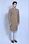 Shop_Aryavir Malhotra_Beige Lycra Hand Embroidered Collar Solid Sherwani With Pant_Online_at_Aza_Fashions