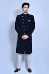 Buy_Aryavir Malhotra_Blue Lycra Hand Embroidered Collar Plain Sherwani With Pant _at_Aza_Fashions