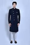 Aryavir Malhotra_Blue Lycra Hand Embroidered Collar Plain Sherwani With Pant _Online_at_Aza_Fashions